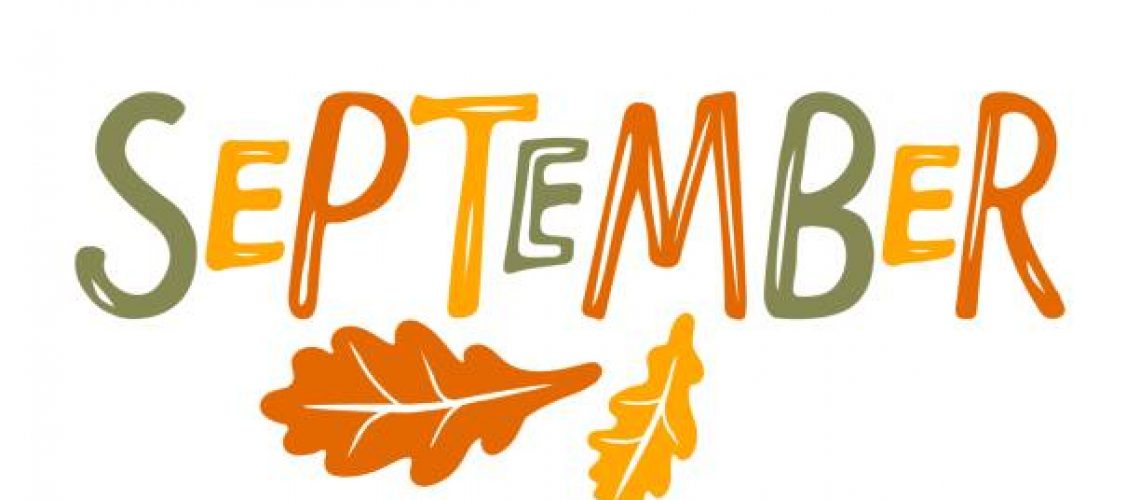 Hand drawn lettering word September. Text with oak leaves. Month September. Festive autumn banner, border, Card, t-shirt design, invitation. Autumn decorative element with leaves. Autumn background