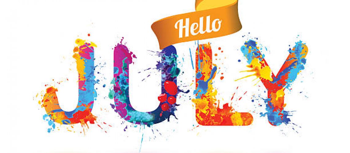 Hello july. Splash watercolor paint letters. Vector